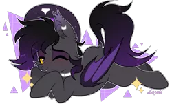 Size: 2048x1237 | Tagged: safe, artist:lazuli, derpibooru import, oc, oc:zenaris blackmour, unofficial characters only, bat pony, pony, abstract background, collar, dyed mane, dyed tail, ear fluff, ear piercing, eyeshadow, hat, image, makeup, male, piercing, png, simple background, slit eyes, solo, stallion, transparent background, trap, wings