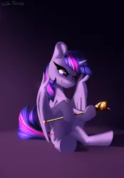 Size: 1600x2300 | Tagged: safe, artist:shido-tara, derpibooru import, twilight sparkle, twilight sparkle (alicorn), alicorn, pony, unicorn, canon, evil, female, mare, scepter, simple background, sitting, smiling, smirk, solo, twilight scepter