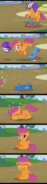 Size: 333x1290 | Tagged: safe, artist:aleximusprime, derpibooru import, edit, editor:scootabuser, scootaloo, pegasus, pony, comic:i'm hurt, crash, cropped, crying, feels, helmet, ouch, scootacrash, scooter