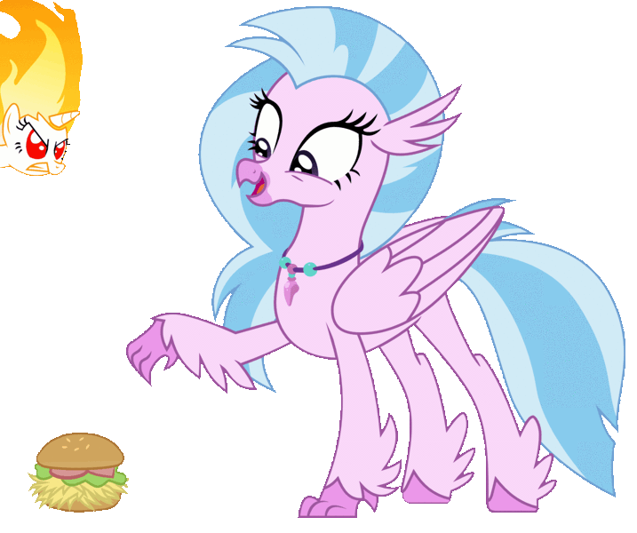 Size: 1200x1004 | Tagged: angry, animated, artist:sir-teutonic-knight, artist:sonofaskywalker, burger, classical hippogriff, cute, derpibooru import, diastreamies, duo, edit, food, gif, happy, hay burger, hippogriff, mane of fire, open mouth, press the button, rapidash twilight, safe, silverstream, simple background, tail of fire, that pony sure does love burgers, transparent background, twilight burgkle, twilight sparkle