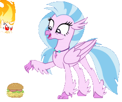 Size: 1200x1004 | Tagged: angry, animated, artist:sir-teutonic-knight, artist:sonofaskywalker, burger, classical hippogriff, cute, derpibooru import, diastreamies, duo, edit, food, gif, happy, hay burger, hippogriff, mane of fire, open mouth, press the button, rapidash twilight, safe, silverstream, simple background, tail of fire, that pony sure does love burgers, transparent background, twilight burgkle, twilight sparkle