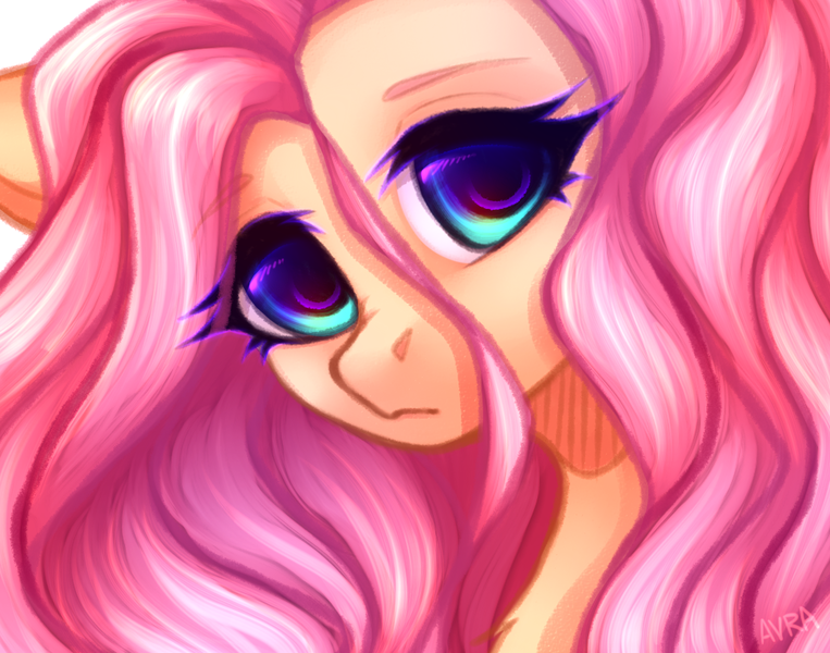 Size: 974x766 | Tagged: safe, artist:avrameow, derpibooru import, fluttershy, pegasus, pony, bust, cute, female, looking at you, mare, portrait, shyabetes, solo, stray strand, three quarter view