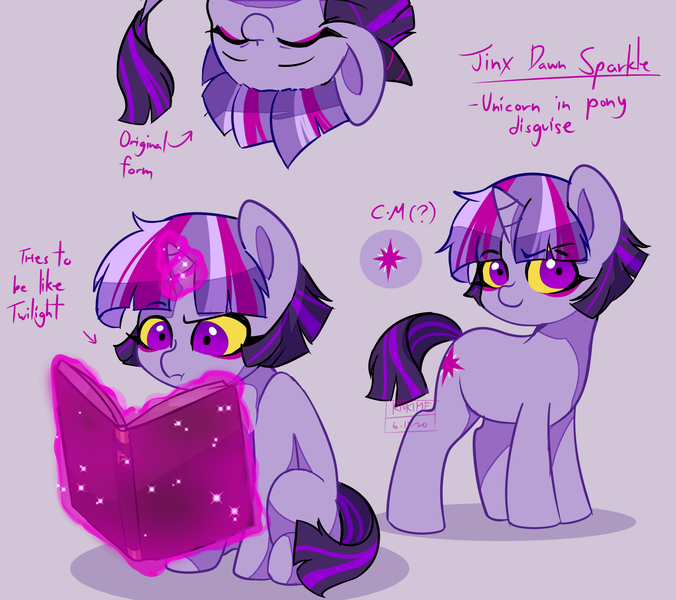 Size: 1445x1282 | Tagged: safe, artist:riukime, derpibooru import, oc, oc:jinx, hybrid, unicorn, book, female, filly, horn, interspecies offspring, magic, offspring, parent:discord, parent:twilight sparkle, parents:discolight, reading, telekinesis, unicorn oc