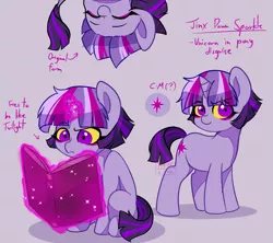 Size: 1445x1282 | Tagged: safe, artist:riukime, derpibooru import, oc, oc:jinx, hybrid, unicorn, book, female, filly, horn, interspecies offspring, magic, offspring, parent:discord, parent:twilight sparkle, parents:discolight, reading, telekinesis, unicorn oc