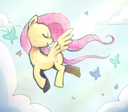 Size: 1000x875 | Tagged: safe, artist:nendo, derpibooru import, fluttershy, butterfly, pegasus, pony, butt wings, cloud, cute, eyes closed, female, flying, mare, pixiv, profile, shyabetes, sky, smiling, solo, spread wings, wings