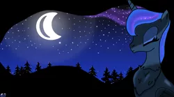 Size: 3463x1931 | Tagged: alicorn, artist:qnight, derpibooru import, ethereal mane, firefly (insect), insect, milky way galaxy, moon, moonlight, night, princess luna, safe, solo, starry mane, starry night, stars, tree, wallpaper