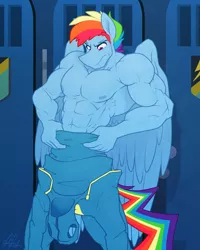 Size: 2477x3093 | Tagged: abs, anthro, artist:ponyanony, biceps, buff, clothes, derpibooru import, male, muscles, muscular male, partial nudity, pecs, pegasus, rainbow blitz, rainbow dash, rainbuff dash, rule 63, safe, serious, serious face, solo, tight clothing, topless, uniform, wonderbolts uniform