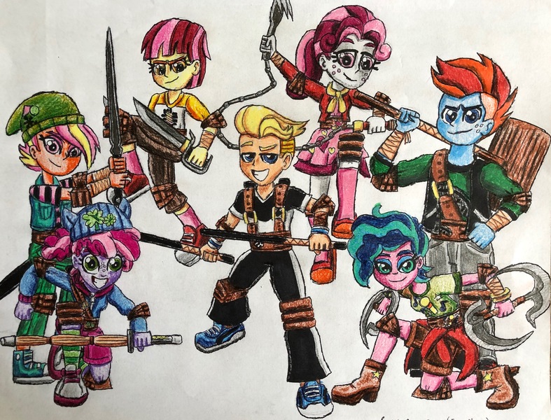 Size: 3695x2816 | Tagged: safe, artist:bozzerkazooers, derpibooru import, oc, oc:ace, oc:clover bloom, oc:half note, oc:melody, oc:patch, oc:sweetheart, oc:teddy, unofficial characters only, equestria girls, baton, belt, boots, butterfly sword, chain claw, chakram, clothes, hammer, hat, looking at you, martial arts, microphone, ninja, pants, pose, poster, shinia bamboo sword, shirt, shoes, simple background, skirt, smiling, sneakers, sweater, sweater around waist, tang sword, traditional art, war hammer, weapon, white background