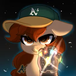 Size: 677x677 | Tagged: artist:colorfulcolor233, baseball cap, cap, derpibooru import, fist, glow, hat, infinity gauntlet, infinity stones, oakland athletics, oc, oc:vanilla creame, safe, simple background, space, space background, unofficial characters only