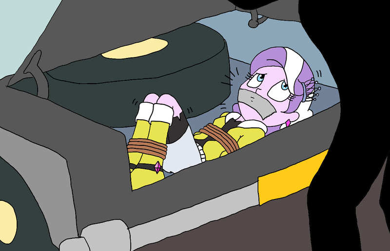Size: 1311x845 | Tagged: safe, artist:bugssonicx, derpibooru import, diamond tiara, equestria girls, accessories, bondage, boots, bound and gagged, car, clothes, diamondsub tiara, ear piercing, earring, female, femsub, gag, jacket, jewelry, kidnapped, offscreen character, peril, piercing, scared, shirt, shoes, skirt, solo focus, submissive, tape, tape gag, tied up, trunk, wheel