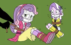 Size: 2228x1421 | Tagged: safe, artist:bugssonicx, derpibooru import, diamond tiara, sweetie belle, equestria girls, accessories, arm behind back, belt, bondage, boots, bound and gagged, cloth gag, clothes, diamondsub tiara, ear piercing, earring, female, femsub, gag, jacket, jewelry, kidnapped, looking at someone, looking back, peril, piercing, scared, shirt, shoes, simple background, skirt, submissive, sweat, sweetiesub, tied up, tying