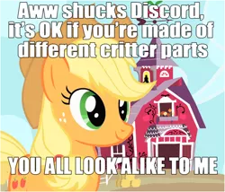 Size: 786x672 | Tagged: safe, derpibooru import, edit, edited screencap, screencap, applejack, earth pony, pony, friendship is magic, applejack's hat, caption, cowboy hat, critter parts, definitely not racist, female, friendship, hat, image macro, implied discord, love and tolerate, mare, mouthpiece, out of character, racism, racist barn, solo, sweet apple acres, sweet apple acres barn, text