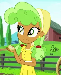 Size: 850x1050 | Tagged: safe, artist:rjp.rammy, derpibooru import, apple brown betty, equestria girls, apple brown betty (food), apple family member, barn, clothes, dress, ear piercing, earring, eating, equestria girls-ified, farm, female, food, hat, jewelry, piercing, solo