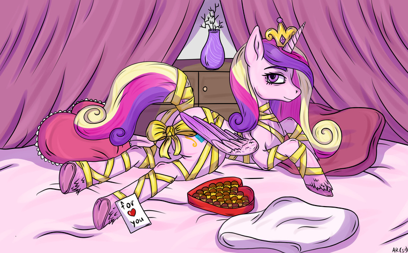 Size: 3000x1860 | Tagged: suggestive, artist:ambiguous_rufioh, derpibooru import, princess cadance, alicorn, pony, bed, bedroom, bedroom eyes, bondage, bow, box, box of chocolates, butt, chocolate, commission, crown, curtains, drawer, female, femsub, food, frog (hoof), gift wrapped, heart, jewelry, looking at you, lovebutt, mare, note, paper, pillow, plot, regalia, ribbon, solo, solo female, submissive, underhoof, unshorn fetlocks, vase, ych result