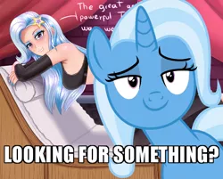 Size: 600x483 | Tagged: suggestive, artist:focusb, artist:masem, derpibooru import, trixie, human, pony, unicorn, all bottled up, bra, breasts, bust, censorship, clothes, detached sleeves, eyeshadow, female, humanized, inconvenient trixie, lidded eyes, lingerie, lip bite, looking at you, makeup, mare, simple background, smug, socks, thigh highs, underwear, vector