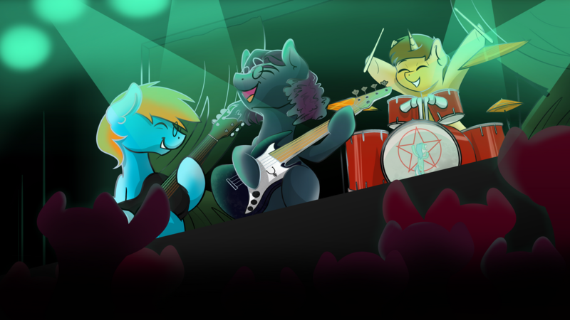 Size: 1280x720 | Tagged: safe, artist:cadetredshirt, derpibooru import, oc, oc:4everfreebrony, oc:drummershy, ponified, unofficial characters only, earth pony, pony, unicorn, accessories, bass guitar, drum kit, drums, eyes closed, glasses, guitar, musical instrument, performance, playing instrument, rush, stage, stage light