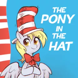 Size: 1200x1200 | Tagged: safe, artist:anonymous, derpibooru import, derpy hooves, ponified, pegasus, pony, /mlp/, 4chan, cute, derpabetes, dr. seuss, drawthread, female, hat, looking at you, mare, solo, text, the cat in the hat, underp