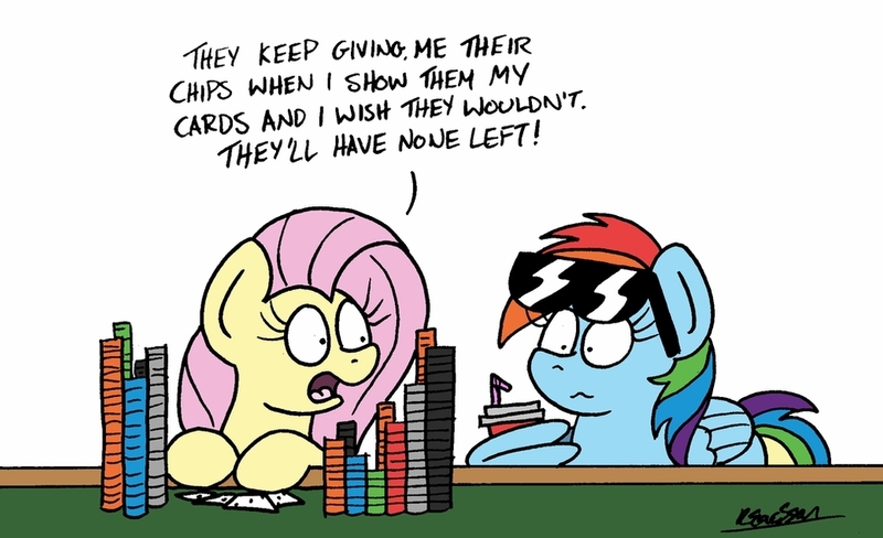 Size: 1024x625 | Tagged: safe, artist:bobthedalek, derpibooru import, fluttershy, rainbow dash, pegasus, pony, casino, dialogue, drink, duo, female, gambling, mare, newbie artist training grounds, painfully innocent fluttershy, playing card, poker, poker chips, pokershy, sunglasses, wing hands, wings