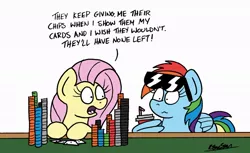 Size: 1024x625 | Tagged: safe, artist:bobthedalek, derpibooru import, fluttershy, rainbow dash, pegasus, pony, casino, dialogue, drink, duo, female, gambling, mare, newbie artist training grounds, painfully innocent fluttershy, playing card, poker, poker chips, pokershy, sunglasses, wing hands, wings