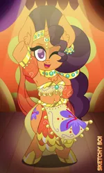 Size: 2400x4000 | Tagged: safe, artist:snakeythingy, derpibooru import, saffron masala, belly dancer, belly dancer outfit, bipedal, dancer, harem outfit, looking at you, one eye closed, story included, the tasty treat, wink, winking at you