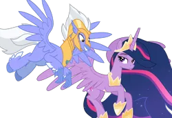 Size: 9551x6541 | Tagged: alicorn, armor, artist:decprincess, artist:hendro107, classical hippogriff, crown, derpibooru import, edit, ethereal mane, female, flying, hippogriff, horseshoes, jewelry, looking at each other, male, necklace, older, older twilight, princess twilight 2.0, regalia, safe, shipping, simple background, sky beak, starry mane, straight, the last problem, tiara, transparent background, twibeak, twilight sparkle, twilight sparkle (alicorn), vector, vector edit