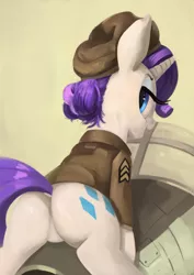 Size: 2897x4096 | Tagged: suggestive, artist:toisanemoif, derpibooru import, rarity, pony, unicorn, bedroom eyes, butt, clothes, commission, dock, featureless crotch, female, hat, looking at you, looking back, looking back at you, military, military uniform, plot, sergeant, smiling, solo, solo female, uniform