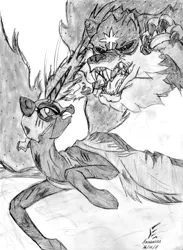 Size: 782x1071 | Tagged: safe, artist:masternodra, derpibooru import, nightmare moon, alicorn, pony, wolf, fanfic:past sins, duo, fanfic art, female, grayscale, injured, lupus major, mare, monochrome, pencil drawing, signature, traditional art