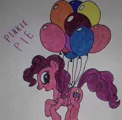 Size: 750x739 | Tagged: safe, artist:electric spark, derpibooru import, pinkie pie, earth pony, pony, balloon, cute, diapinkes, female, floating, looking at you, mare, open mouth, simple background, smiling, smiling at you, solo, text, then watch her balloons lift her up to the sky, traditional art, white background