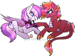 Size: 3000x2258 | Tagged: safe, artist:little_gummy_bear_47, derpibooru import, oc, oc:candlelight, oc:malina, unofficial characters only, bat pony, kirin, original species, claws, nail polish, oc x oc, shipping, simple background, transparent background