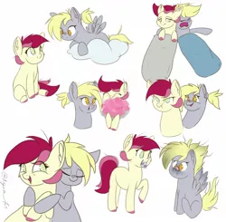 Size: 1500x1467 | Tagged: safe, artist:nyota71, derpibooru import, derpy hooves, roseluck, earth pony, pegasus, pony, alternate hairstyle, burned, chibi, cloud, colored hooves, colored pupils, cute, derpyluck, eyes closed, female, flower, hug, hug from behind, laughing, lesbian, mare, patch, ponytail, protecting, shipping, short hair, sleeping, sleeping bag, smiling