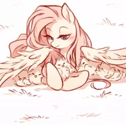 Size: 1150x1150 | Tagged: safe, artist:anonymous, derpibooru import, fluttershy, bird, chicken, pegasus, pony, /mlp/, 4chan, blushing, chick magnet, chicks, cute, drawthread, eyes closed, female, fluffy, fluttermom, grass, hiding behind wing, hiding under pony, hug, kindness, lidded eyes, mare, prone, shyabetes, smiling, solo, spread wings, weapons-grade cute, wing fluff, wing shelter, wings
