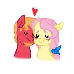 Size: 500x500 | Tagged: safe, artist:onedayhm, color edit, derpibooru import, edit, big macintosh, fluttershy, earth pony, pegasus, pony, alternate hairstyle, beard, blushing, colored, cropped, eyes closed, facial hair, female, fluttermac, hair tie, heart, male, mare, nuzzling, older, older big macintosh, older fluttershy, shipping, simple background, solo, stallion, straight, upscaled, white background