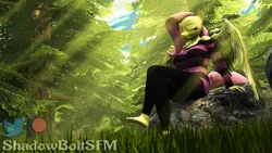 Size: 2880x1620 | Tagged: safe, artist:shadowboltsfm, derpibooru import, fluttershy, anthro, bat pony, pegasus, plantigrade anthro, 3d, barefoot, breasts, busty fluttershy, clothes, eyes closed, feet, flutterbat, forest, grass, high res, nail polish, race swap, relaxing, scenery, sitting, source filmmaker, sun ray, sweater, sweatershy, wings