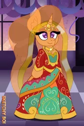 Size: 2400x3600 | Tagged: safe, artist:snakeythingy, derpibooru import, saffron masala, clothes, dress, gala dress, gown, grand galloping gala, story included, veil