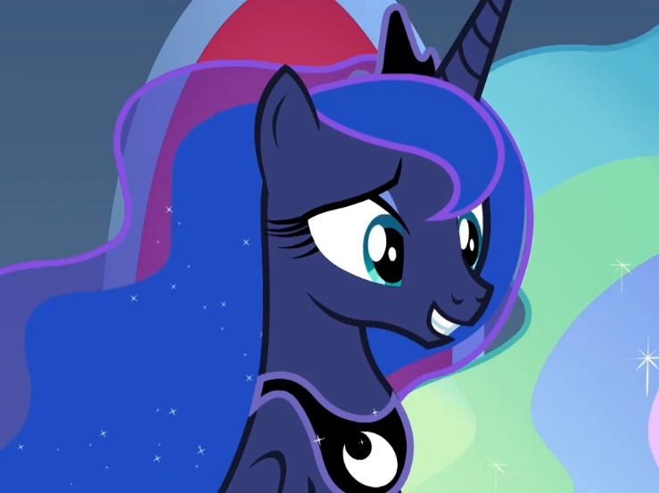 Size: 739x553 | Tagged: safe, derpibooru import, screencap, princess luna, alicorn, pony, memories and more, spoiler:memories and more, spoiler:mlp friendship is forever, canterlot, cropped, cute, female, mare, offscreen character, smiling, solo focus, throne, throne room