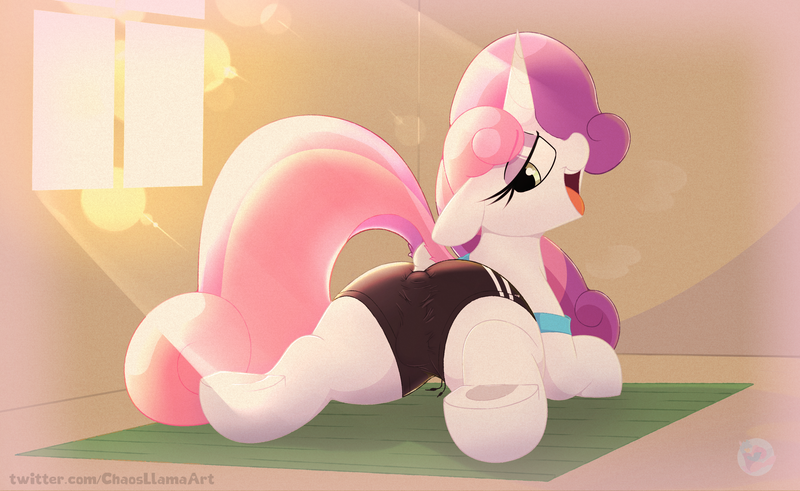 Size: 3064x1882 | Tagged: questionable, artist:chaosllama, derpibooru import, sweetie belle, unicorn, 2020, 2020s, anus cameltoe, butt, cameltoe, clothes, dock, female, gym shorts, looking back, makeup, mare, multicolored hair, older, older sweetie belle, open mouth, pants, seductive, shorts, sultry pose, sweetie butt, tongue out, underhoof, yoga, yoga mat