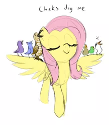 Size: 306x352 | Tagged: safe, artist:anonymous, derpibooru import, fluttershy, bird, chicken, pegasus, pony, /mlp/, 4chan, :v, chick magnet, chicks, cute, drawthread, eyes closed, female, mare, proud, pun, shyabetes, simple background, sitting on wing, smiling, solo, spread wings, standing, text, weapons-grade cute, white background, wing shelter, wings