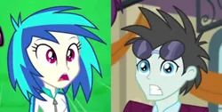 Size: 2464x1237 | Tagged: safe, derpibooru import, edit, screencap, neon lights, rising star, vinyl scratch, equestria girls, equestria girls (movie), friendship games, cropped, female, male, shipping, shipping domino, straight, vinylights