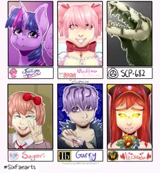 Size: 795x855 | Tagged: safe, artist:zevhara, derpibooru import, twilight sparkle, twilight sparkle (alicorn), alicorn, human, pony, six fanarts, alexstrasza, bow, bust, crossover, doki doki literature club, female, garry, glowing eyes, hair bow, ib, madoka kaname, magical girl, mare, peace sign, puella magi madoka magica, sayori, scp, scp foundation, scp-682, smiling, speedpaint available, warcraft, world of warcraft