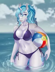 Size: 2550x3300 | Tagged: suggestive, artist:askbubblelee, derpibooru import, oc, oc:bubble lee, unofficial characters only, anthro, unguligrade anthro, unicorn, adorasexy, arm freckles, beach ball, beautiful, beautisexy, belly button, belly freckles, big breasts, bikini, bikini babe, body freckles, braid, breasts, cleavage, clothes, cloud, coat markings, curved horn, curvy, cute, cute little fangs, digital art, ear fluff, erect nipples, eyebrows visible through hair, eyelashes, fangs, female, freckles, hair braid, hair braiding, horn, leg freckles, mare, midriff, multicolored hair, multihued hair, multihued tail, nipple outline, open mouth, ponytail, sexy, shoulder freckles, side-tie bikini, solo, solo female, swimsuit, thighs, underass, unicorn oc, water, wavy mane, wet