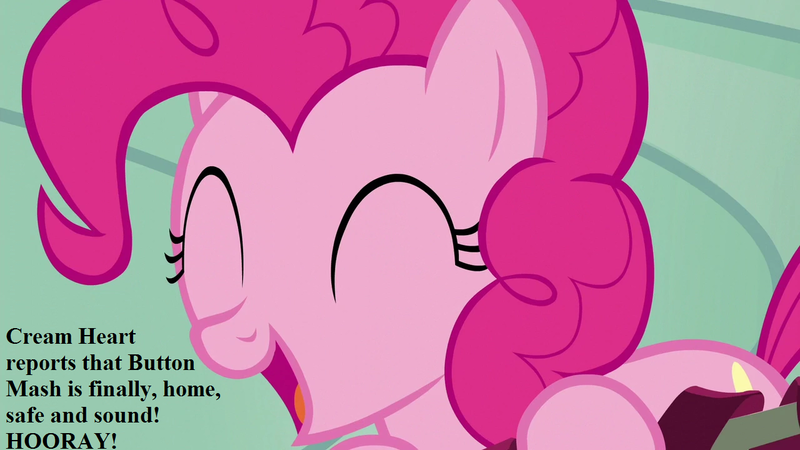 Size: 1280x720 | Tagged: cute, derpibooru import, diapinkes, edit, edited screencap, implied button mash, implied cream heart, newbie dash, pinkie pie, punctuation error, relieved, safe, screencap, speech, talking