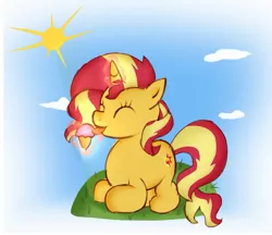 Size: 1649x1427 | Tagged: safe, artist:doraeartdreams-aspy, derpibooru import, sunset shimmer, unicorn, cloud, cute, eating, eyes closed, food, ice cream, licking, magic, prone, shimmerbetes, solo, sun, telekinesis, tongue out