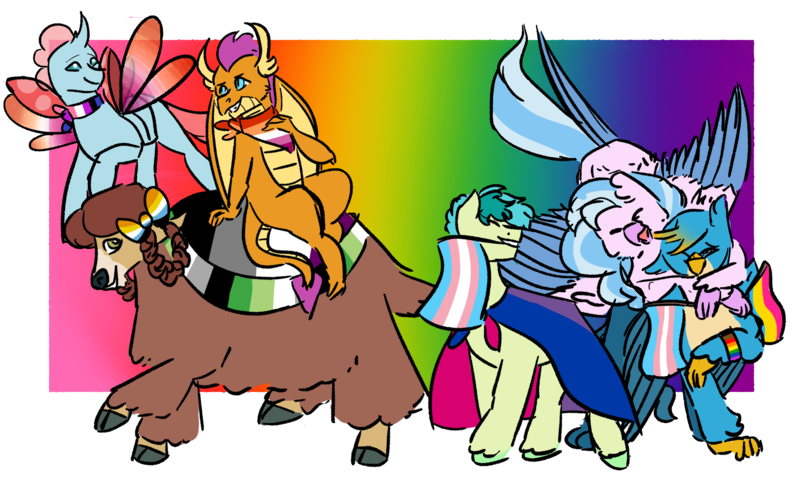 Size: 2362x1417 | Tagged: safe, artist:lieutenantcactus, derpibooru import, gallus, ocellus, sandbar, silverstream, smolder, yona, changedling, changeling, classical hippogriff, dragon, earth pony, gryphon, hippogriff, pony, yak, bisexual pride flag, bow, cis, cloven hooves, colored hooves, cute, diaocelles, diastreamies, dragoness, female, gallabetes, hair bow, headcanon, headcanon in the description, implied smolcellus, jewelry, lgbt headcanon, male, monkey swings, mouth hold, necklace, pride, pride flag, rainbow background, sandabetes, sexuality headcanon, smolderbetes, student six, teenager, yonadorable