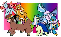 Size: 2362x1417 | Tagged: safe, artist:lieutenantcactus, derpibooru import, gallus, ocellus, sandbar, silverstream, smolder, yona, changedling, changeling, classical hippogriff, dragon, earth pony, gryphon, hippogriff, pony, yak, bisexual pride flag, bow, cis, cloven hooves, colored hooves, cute, diaocelles, diastreamies, dragoness, female, gallabetes, hair bow, headcanon, headcanon in the description, implied smolcellus, jewelry, lgbt headcanon, male, monkey swings, mouth hold, necklace, pride, pride flag, rainbow background, sandabetes, sexuality headcanon, smolderbetes, student six, teenager, yonadorable