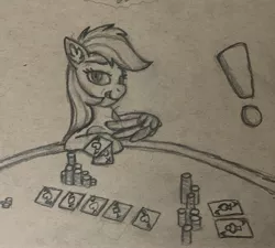 Size: 2660x2395 | Tagged: safe, artist:vaser888, derpibooru import, rainbow dash, pony, atg 2020, card, casino, exclamation point, gambling, monochrome, newbie artist training grounds, smiling, smirk, solo, traditional art