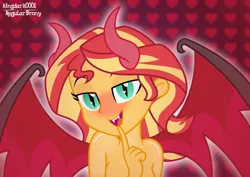 Size: 1960x1385 | Tagged: suggestive, artist:kingdark0001, derpibooru import, sunset shimmer, succubus, equestria girls, bedroom eyes, blushing, breasts, clothes, devil horns, female, looking at you, nudity, open mouth, partial nudity, sexy, shhh, sinfully sexy, solo, solo female, topless, wings