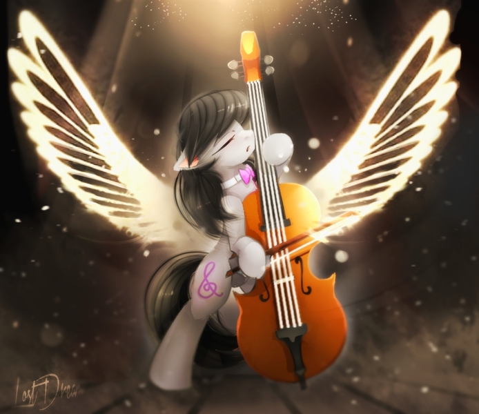 Size: 1000x865 | Tagged: safe, artist:lostdreamm, derpibooru import, octavia melody, earth pony, pony, bow (instrument), cello, cello bow, crepuscular rays, eyes closed, female, mare, musical instrument, necktie, open mouth, solo, wings