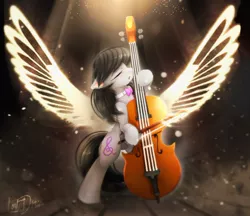 Size: 1000x865 | Tagged: safe, artist:lostdreamm, derpibooru import, octavia melody, earth pony, pony, bow (instrument), cello, cello bow, crepuscular rays, eyes closed, female, mare, musical instrument, necktie, open mouth, solo, wings