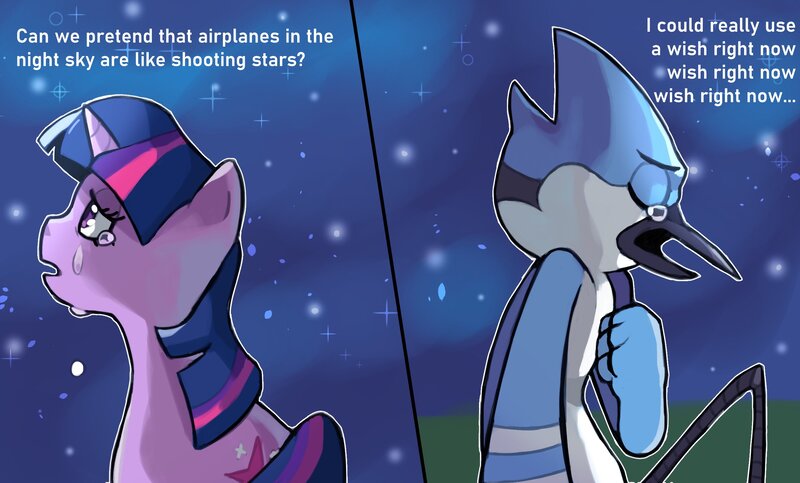 Size: 2576x1554 | Tagged: safe, artist:_le_hibou, derpibooru import, twilight sparkle, bird, blue jay, pony, unicorn, aeroplanes and meteor showers, airplanes (song), b.o.b., crossover, crossover shipping, crying, dialogue, female, hayley williams, lyrics, male, mare, meme, mordecai, mordetwi, night, redraw mordetwi meme, regular show, sad, shipping, song reference, stars, straight, teary eyes, text, unicorn twilight