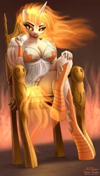 Size: 3091x5388 | Tagged: absolute cleavage, alicorn, anthro, artist:clear vision, belly button, bellyring, big breasts, bracelet, breasts, busty daybreaker, cleavage, clothes, crossed legs, daybreaker, derpibooru import, dress, eyeshadow, female, fire, hoof shoes, jewelry, lingerie, looking at you, makeup, mane of fire, mare, piercing, see-through, sexy, signature, sinfully sexy, sitting, slit eyes, smiling, solo, solo female, stomach piercing, suggestive, tail of fire, throne, unguligrade anthro